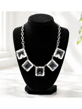 Vintage Square Crystal Statement Necklace with Adjustable Silver-Tone Chain